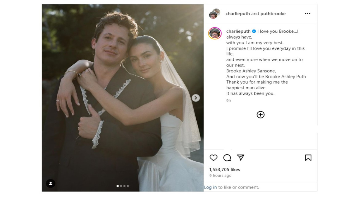 Selamat! Charlie Puth Resmi Akhiri Masa Lajang Nikahi Brooke Sansone