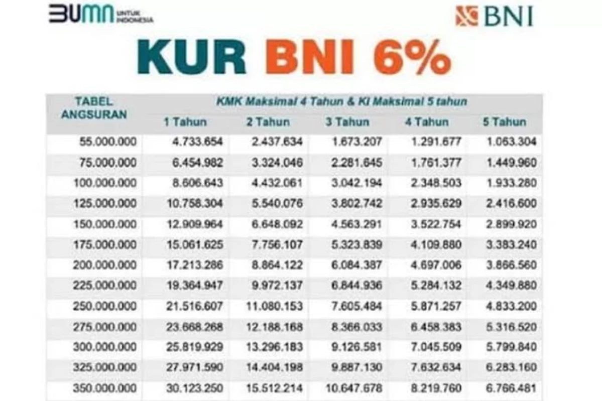Tabel Angsuran KUR BNI Terbaru 2024! Cek Disini!