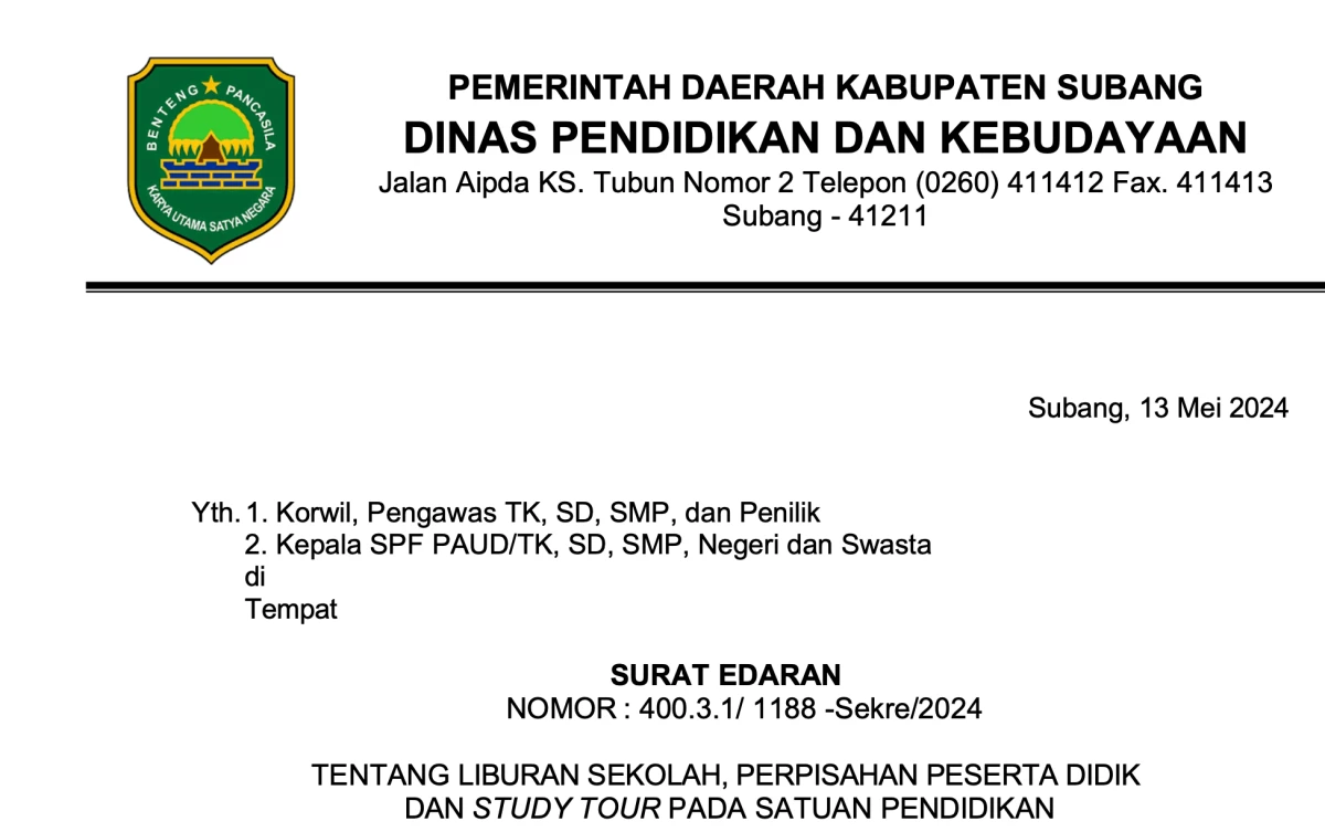 Dinas Pendidikan Subang Keluarkan Surat Edaran, Study Tour Dilaksanakan di Dalam Kota dan Manfaatkan Wisata Edukasi Lokal