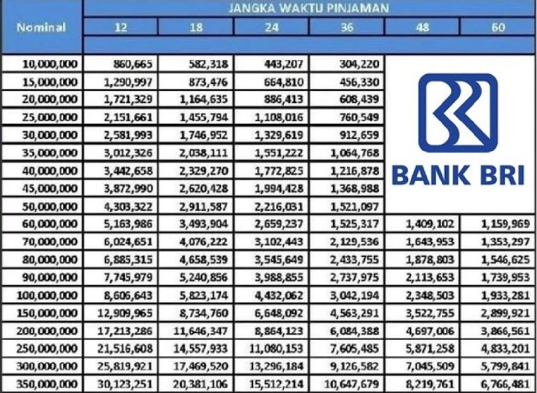 Tabel Angsuran Bank BRI Non KUR Terbaru 2024! Cek Disini!