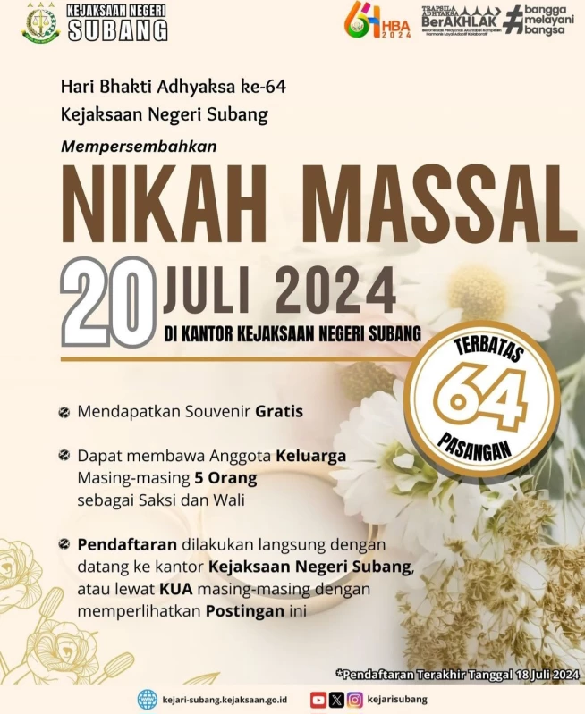 Kejaksaan Negeri Subang Gelar Nikah Massal untuk Peringati Hari Bakti Adhyaksa ke-64