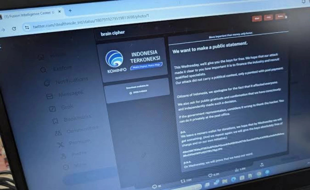 Kominfo Uji Coba Kunci Dekripsi Data PDNS 2 dari Brain Cipher, Hasilnya Masih Diragukan
