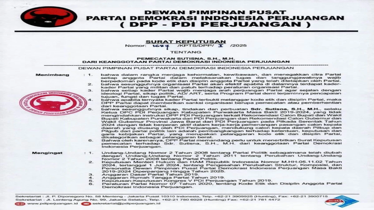Ketua DPC PDIP Purwakarta Dipecat, Entis Ditunjuk sebagai Pelaksana Tugas