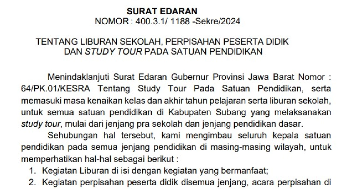 Berikut Aturan Liburan Sekolah, Perpisahan dan Study Tour di Subang