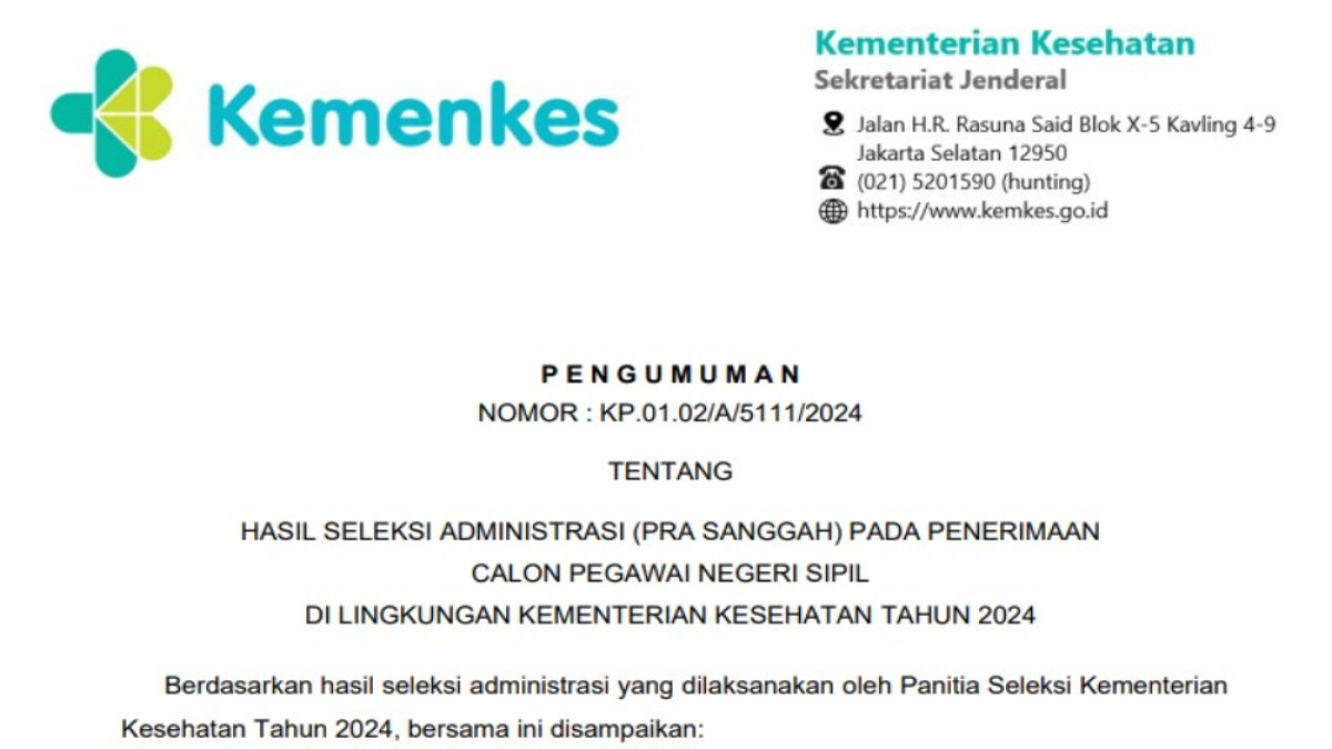 Cek Pengumuman Hasil Seleksi Administrasi dan Masa Sanggah CPNS 2024 Kemenkes