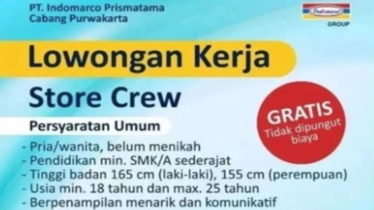 Lowongan Kerja PT Indomarco Prismatama (Indomaret Group) untuk Store Crew di Purwakarta dan Subang