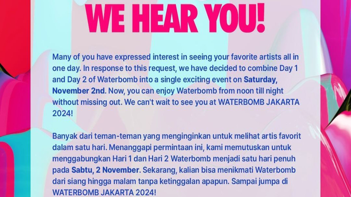 Promotor Umumkan Waterbomb Festival Jakarta 2024 Digelar 1 Hari, Ini Alasannya!