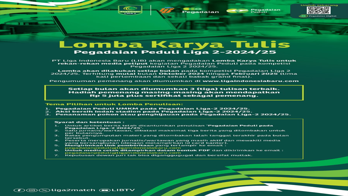 PT LIB Gelar Lomba Karya Tulis Kegiatan Pegadaian Peduli di Liga 2