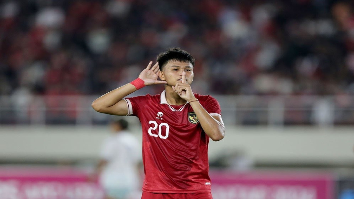 Hokky Caraka merayakan gol yang dicetaknya ke gawang Chinese Taipe pada laga Kualifikasi Piala Asia U-23 2024 (c) Sumber Arief Bagus Prasetiyo