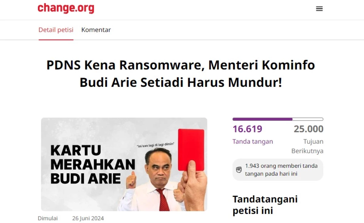 Update Petisi untuk Menkominfo Budi Arie. (Sumber Gambar: Screenshot via Change.org)
