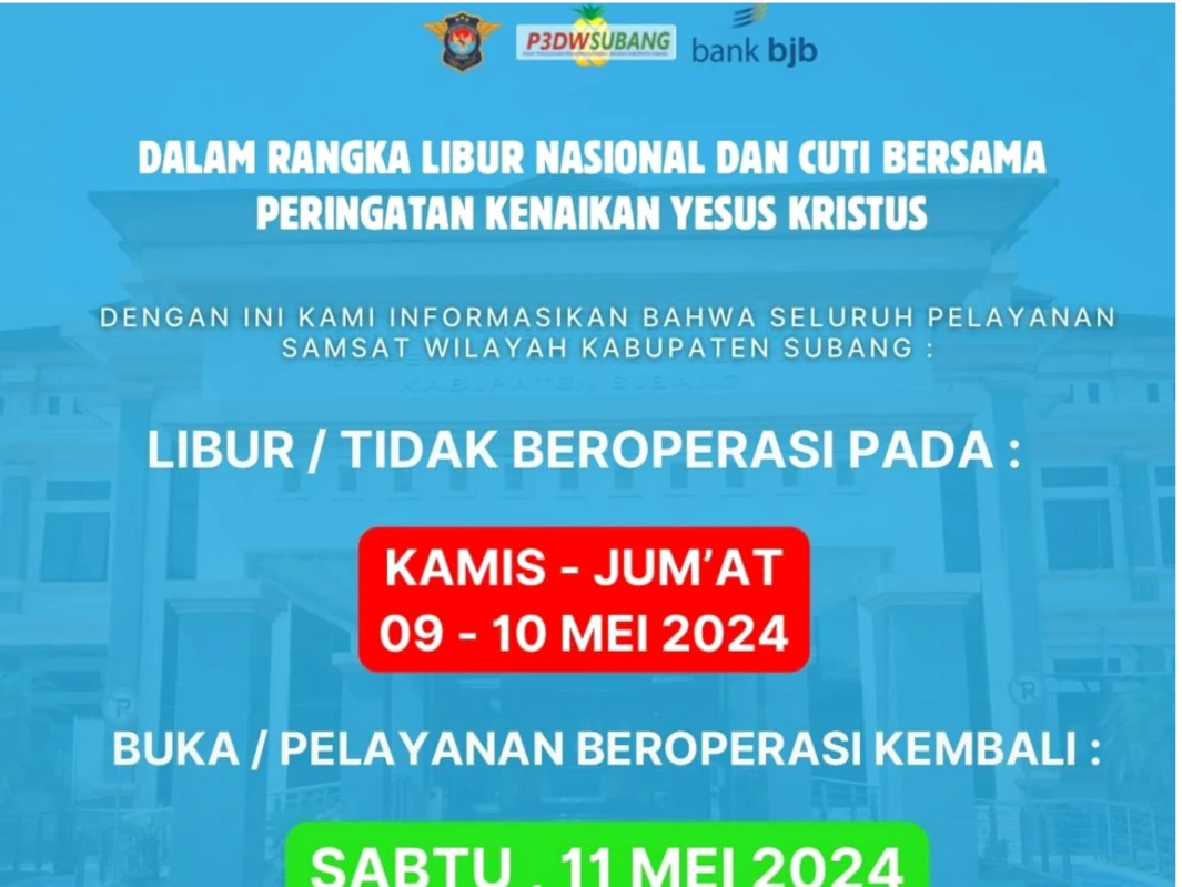 Libur Nasional dan Cuti Bersama, Samsat Subang Tetap Layani Pembayaran Pajak via Sambara