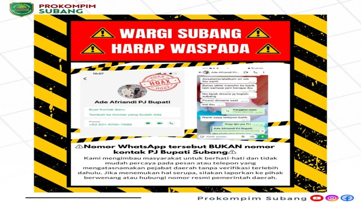 Waspada Modus Penipuan! Akun WhatsApp Mengatasnamakan Pj Bupati Subang