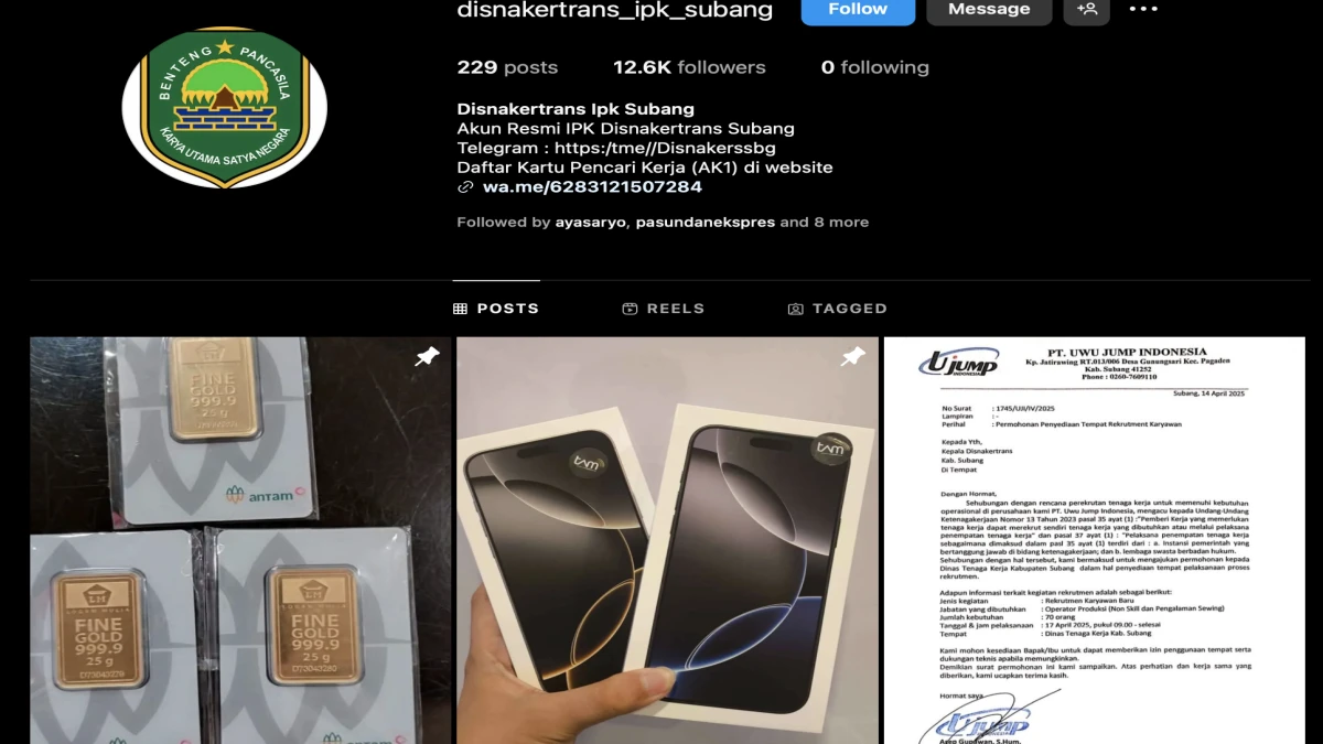 Akun Instagram Disnakertrans Subang Diduga Diretas, Muncul Postingan Giveaway Mencurigakan