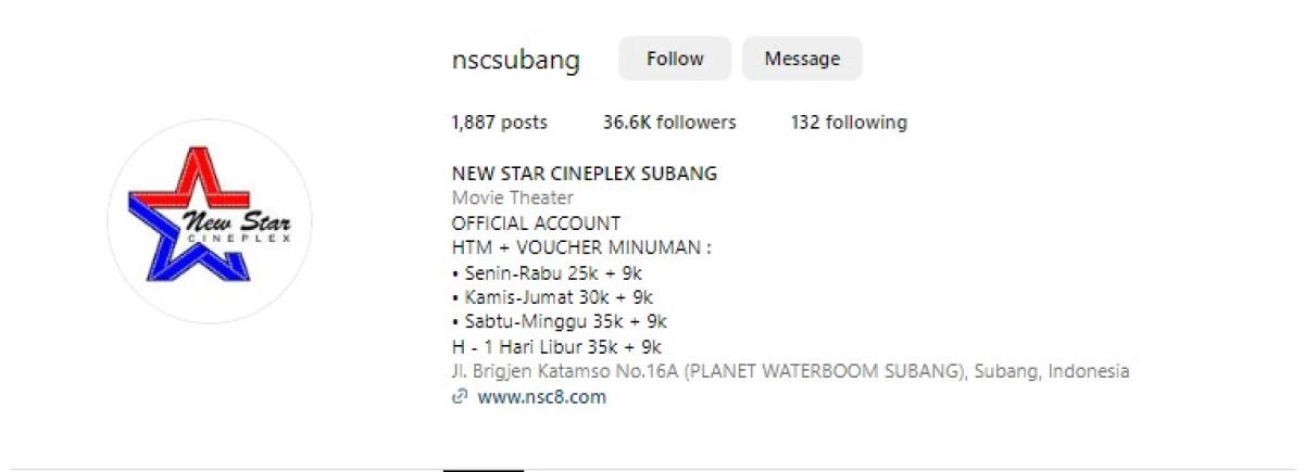 Jadwal Bioskop NSC Subang. (Sumber Gambar: Screenshot via Instagram @nscsubang)