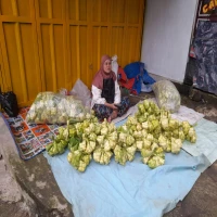 DADAN RAMDAN/PASUNDAN EKSPRES    TRADISi KETUPAT: Umah pedagang Ketupat Lebaran  asal Subang saat mangkal di sekitar Pasar Tradisional Subang. Setiap tahunnya sudah menjadi tradisi jualan Ketupat Lebaran Idul Fitri 1446 H.
